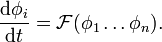 
  \frac{\mathrm{d} \phi_i}{\mathrm{d}t} = \mathcal{F}( \phi_1 \ldots \phi_n ).
