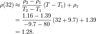 
 \begin{align}
  \rho(32) &\approx \frac{\rho_2 -\rho_1}{T_2-T_1}\left( T - T_1 \right) + \rho_1 \\
           &= \frac{1.16-1.39}{-9.7-80} \left( 32 + 9.7 \right) + 1.39 \\
           &= 1.28.
 \end{align}
