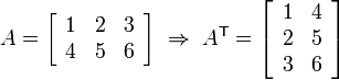  A = \left[ \begin{array}{ccc} 1 & 2 & 3 \\ 4 & 5 & 6 \end{array} \right] \; \Rightarrow \;
  A^\mathsf{T} = \left[ \begin{array}{cc} 1 & 4 \\ 2 & 5 \\ 3 & 6 \end{array} \right] 
